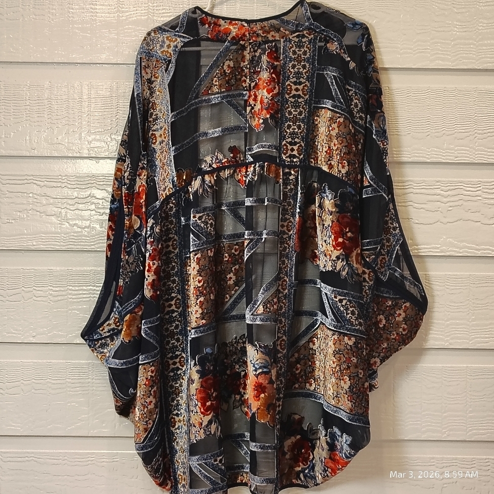 KARLIE WOMENS SMALL BURNOUT FLORAL ABSTRACT KIMONO BOHO SEMI SHEER ART TO WEAR - Picture 7 of 7